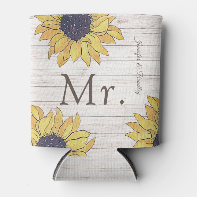  Mr. Rustic White Wood Chic Yellow Sunflower Can Cooler (Front)