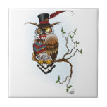 Mr. Steam Owl Ceramic Tile<br><div class="desc">Steampunk horned owl sitting on a tree branch</div>
