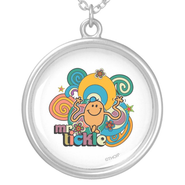 Mr. Tickle | Psychedelic Swirls, Stars, & Flowers Silver Plated Necklace (Front)