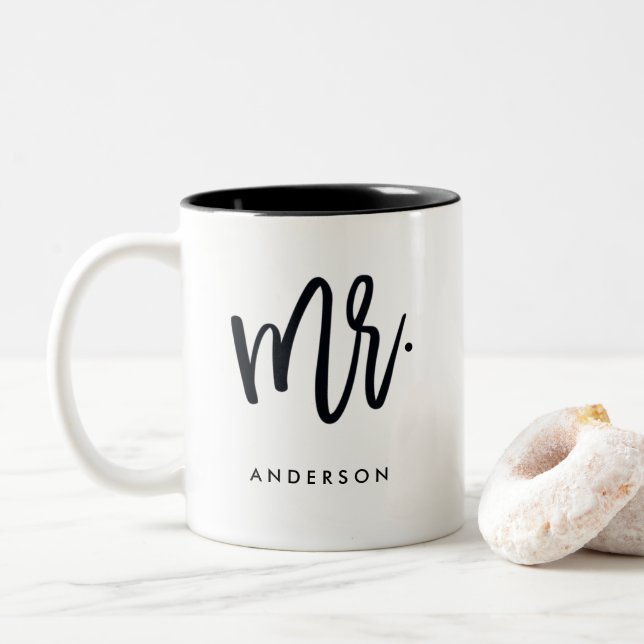 Mr. Trendy Script Personalized Two-Tone Coffee Mug (With Donut)
