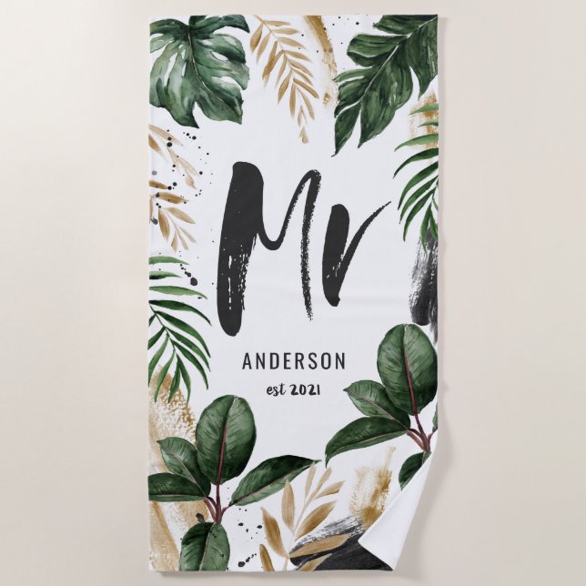 Mr tropical leaf & typography beach towel (Front)
