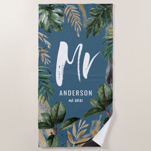 Mr tropical leaf  typography blue modern beach towel