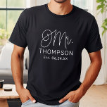 Mr White Modern Script Custom Wedding T-Shirt<br><div class="desc">Modern and casual chic white calligraphy script "Mr." men's wedding tee shirt features custom text that can be personalized with the groom's last name and wedding date / date established. Perfect for the newly wed to wear at the honeymoon and beyond! Visit our store for the matching Mrs. shirt.</div>