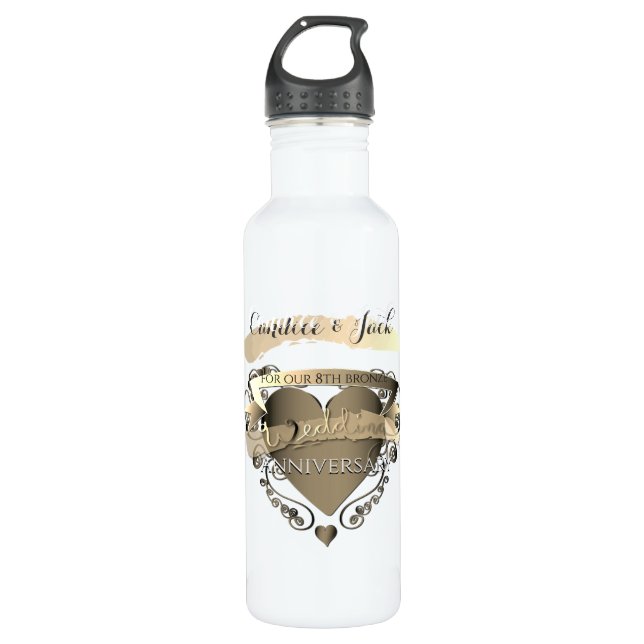 Mrs."8th Bronze Wedding Anniversary" 3DHeartEmblem Stainless Steel Water Bottle (Front)