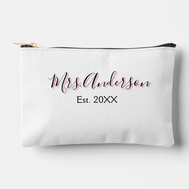 Mrs add name last name black pink est year modern  accessory pouch (Front)
