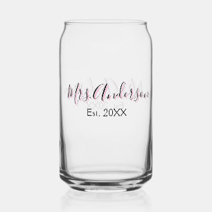 Mrs add name last name black pink est year modern can glass