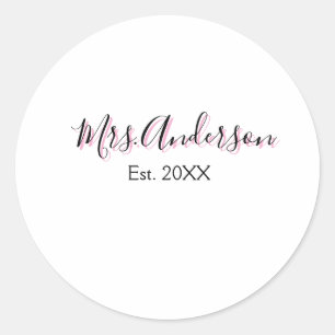 Mrs add name last name black pink est year modern classic round sticker