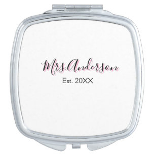 Mrs add name last name black pink est year modern compact mirror