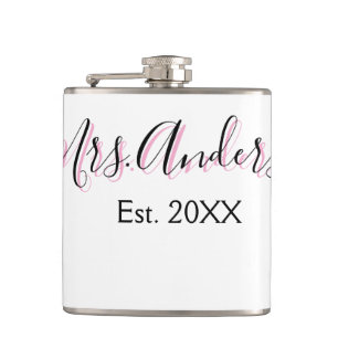 Mrs add name last name black pink est year modern flask