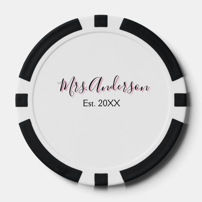 Mrs add name last name black pink est year modern  poker chips (Front)