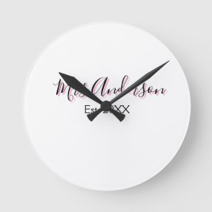 Mrs add name last name black pink est year modern round clock