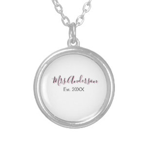 Mrs add name last name black pink est year modern silver plated necklace