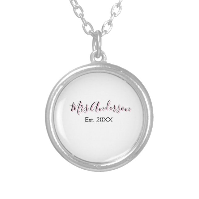 Mrs add name last name black pink est year modern  silver plated necklace (Front)