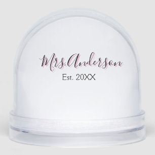 Mrs add name last name black pink est year modern snow globe