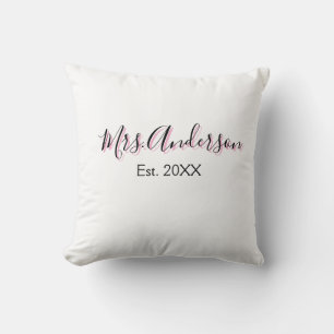 Mrs add name last name black pink est year modern throw pillow