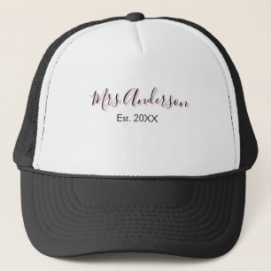 Mrs add name last name black pink est year modern  trucker hat