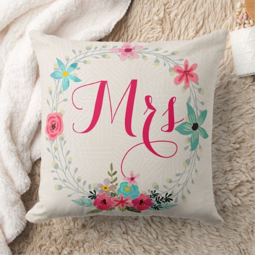 Mrs Always Right Blue Coral Pink Floral Wreath Throw Pillow