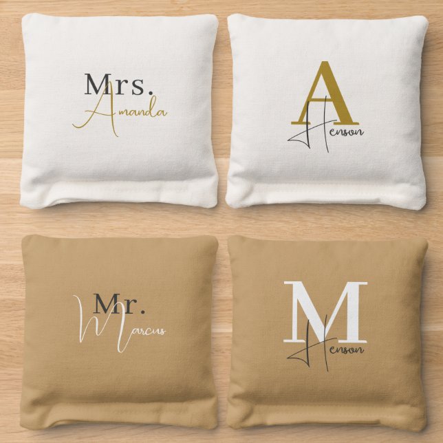 Mrs. and Mr. Bride Groom Monogram Initial Wedding Cornhole Bags (Wood)