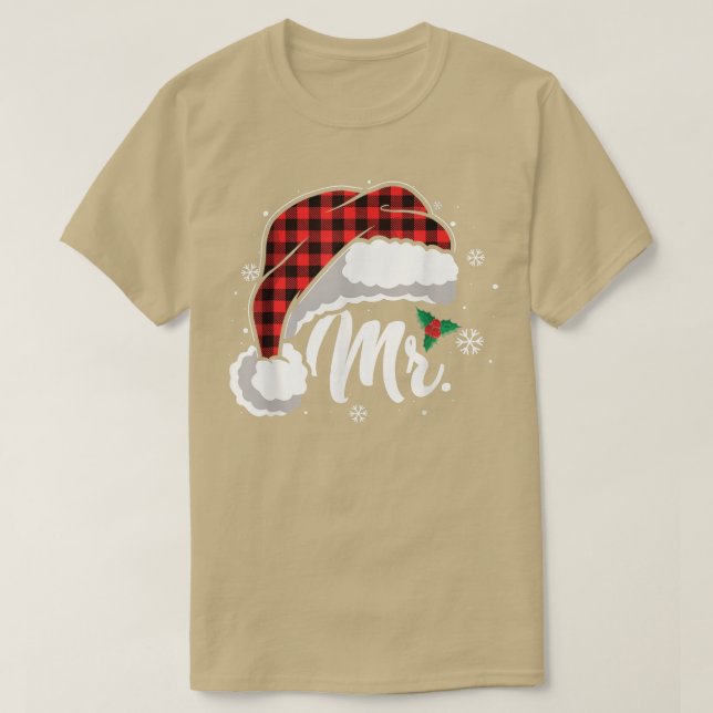 Mrs And Mr Santa Hat Buffalo Plaid Christmas Coupl T-Shirt (Design Front)
