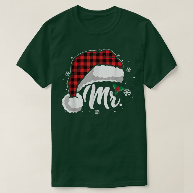 Mrs And Mr Santa Hat Buffalo Plaid Christmas Coupl T-Shirt (Design Front)