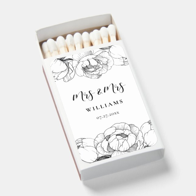 Mrs and Mrs Black and white peonies elegant weddin Matchboxes (Front Open)