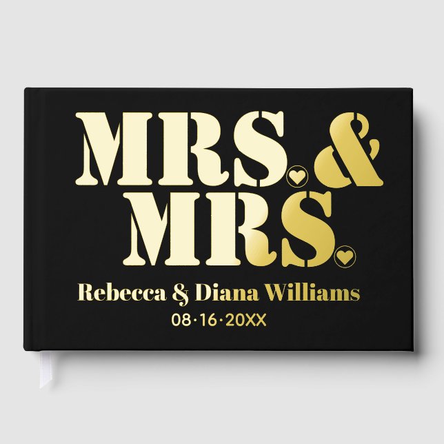 Mrs. and Mrs. black photo foil lesbian wedding Foil Guest Book (Front)