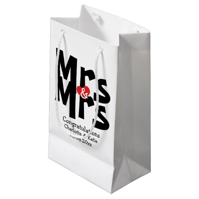 Mrs and Mrs Black Red Bold Modern Personalized Small Gift Bag (Front Angled)
