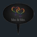 Mrs. and Mrs. Cake Topper<br><div class="desc">Mrs. and Mrs. lesbian pride design with two rainbow colored, overlapping, heart shaped, lesbian pride, female gender symbols. Ideal for newlyweds and not-so-newlyweds.</div>