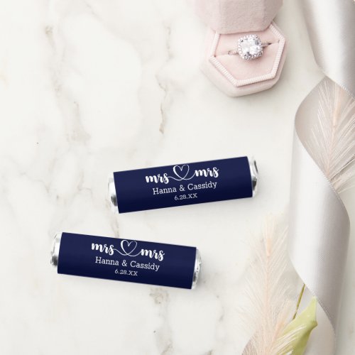 Mrs and Mrs Caligraphy Heart Navy White Wedding Breath Savers Mints