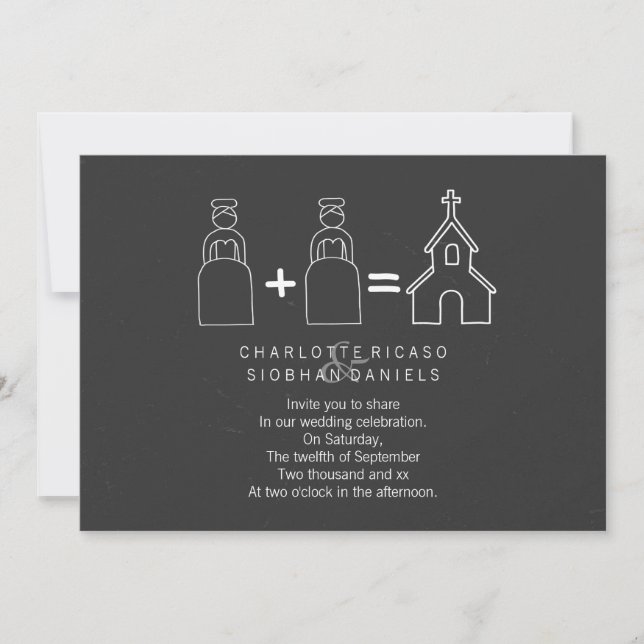 Mrs and Mrs Doodle Church Chalkboard Gay Wedding Invitation (Front)