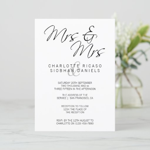 Mrs And Mrs Elegant Text Lesbian Wedding Invitation | Zazzle