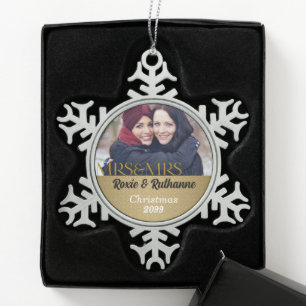 Mrs and Mrs Lesbian Christmas in Gold Snowflake Pewter Christmas Ornament
