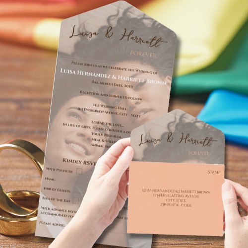 Mrs and Mrs Lesbian Peach Couple LGBTQ  All In One Invitation