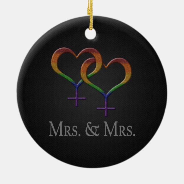 Mrs. and Mrs. Lesbian Pride Rainbow Symbols Ceramic Ornament (Back)