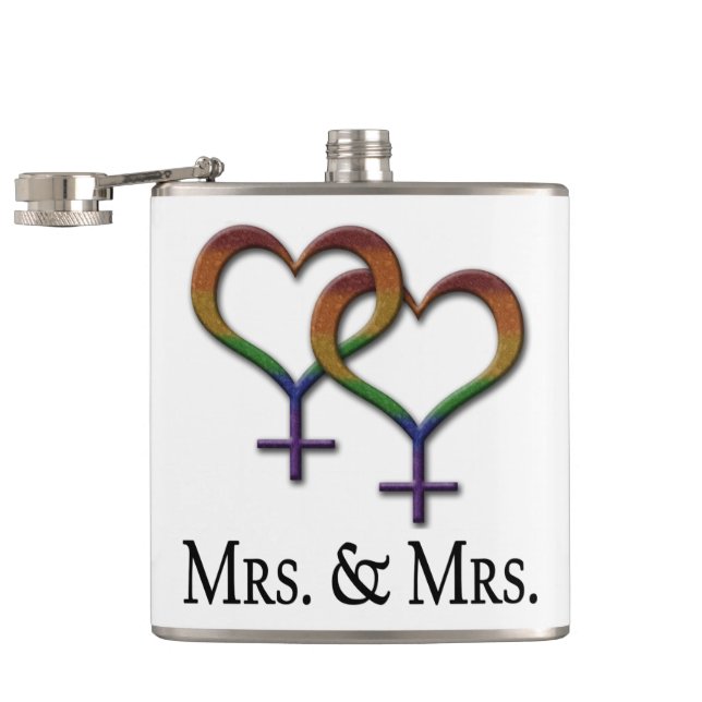 Mrs. and Mrs. Lesbian Pride Rainbow Symbols Hip Flask (Opened)