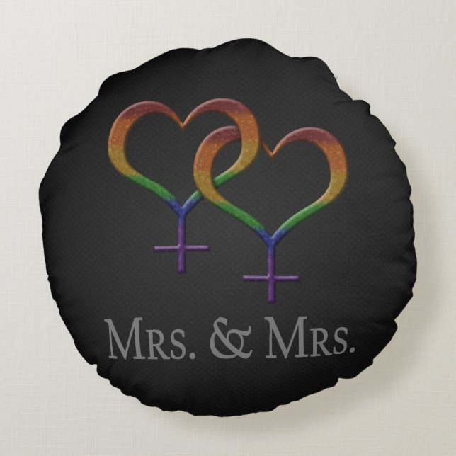 Mrs. and Mrs. Lesbian Pride Rainbow Symbols Round Pillow (Back)