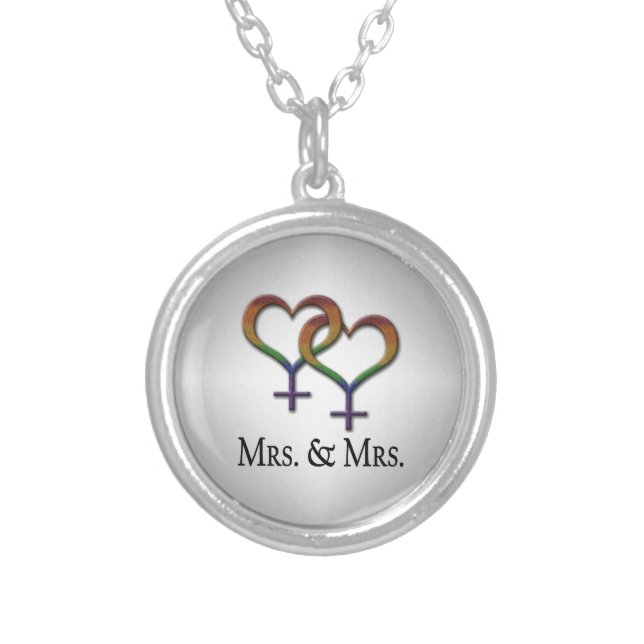 Mrs. and Mrs. Lesbian Pride Rainbow Symbols Silver Plated Necklace (Front)