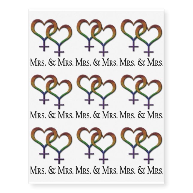 Mrs. and Mrs. Lesbian Pride Rainbow Symbols Temporary Tattoos (Front)