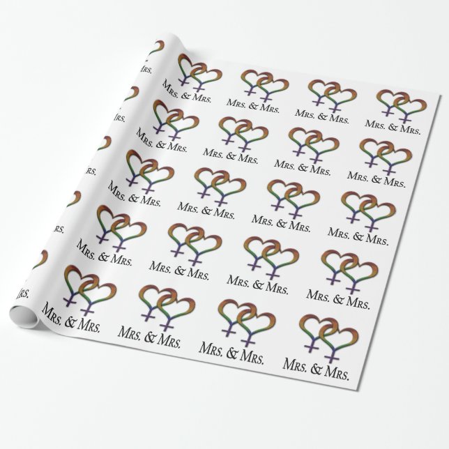 Mrs. and Mrs. Lesbian Pride Rainbow Symbols Wrapping Paper (Unrolled)