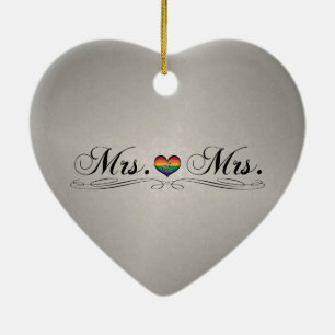 Mrs. and Mrs. Lesbian Pride Typography Design Ceramic Ornament