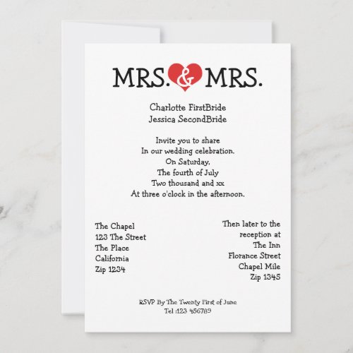 Mrs and Mrs Love Heart Lesbian Wedding Cards