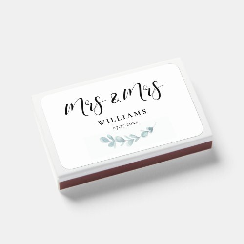 Mrs and Mrs Minimalist watercolor greenery wedding Matchboxes