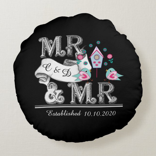 Mrs and Mrs Personalized Gay Wedding Gift Round Pillow (Back)
