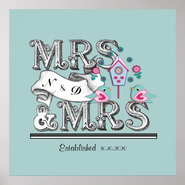 Mrs and Mrs Personalized Lesbian Wedding Gift Poster (Front)