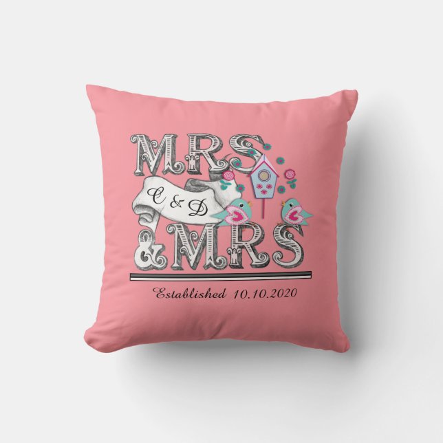 Mrs and Mrs Personalized Lesbian Wedding Gift Throw Pillow (Front)