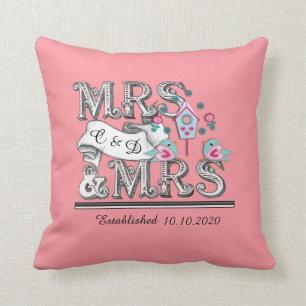 Mrs and Mrs Personalized Lesbian Wedding Gift Throw Pillow