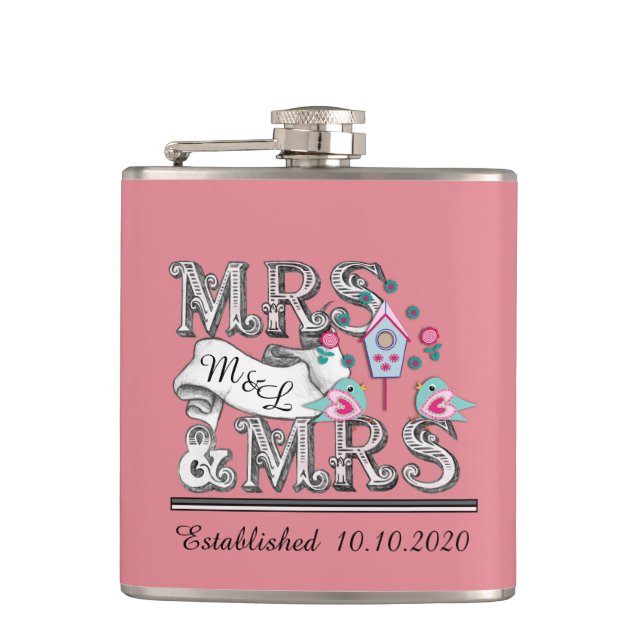 Mrs and Mrs Personalized Lesbian Wedding Gifts Flask (Front)