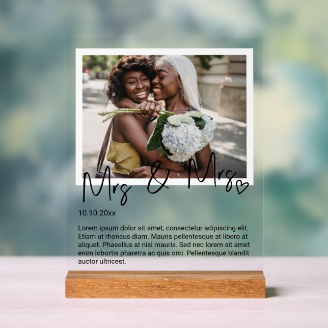 Mrs and Mrs Photo and Personalized Wedding Acrylic Sign (Neutral)