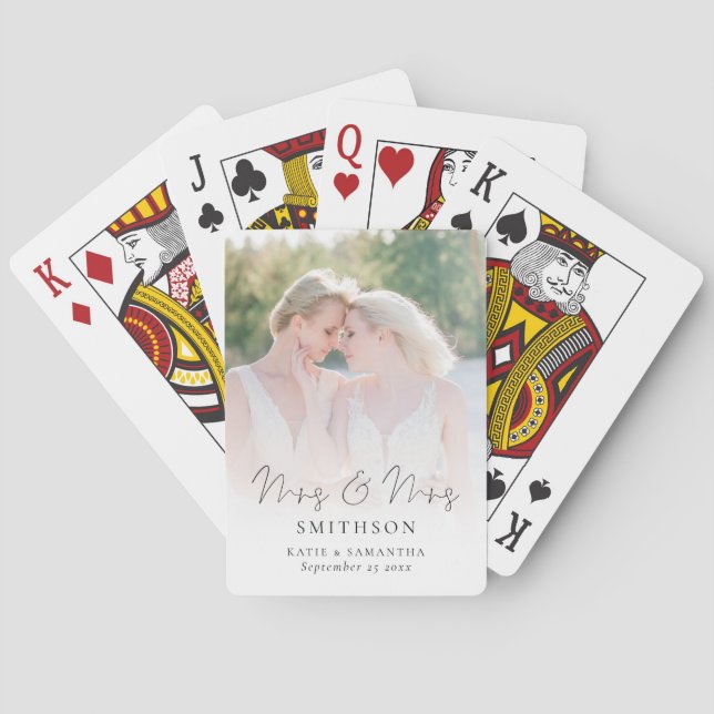 Mrs and Mrs Script Photo Overlay Lesbian Wedding Poker Cards (Back)