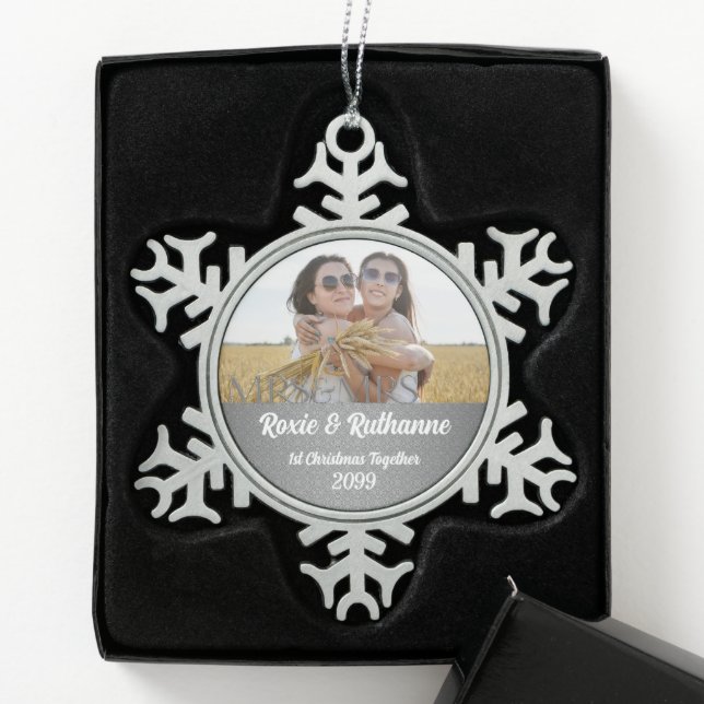 Mrs and Mrs Silver Damask 1st Christmas Snowflake Pewter Christmas Ornament (Box)